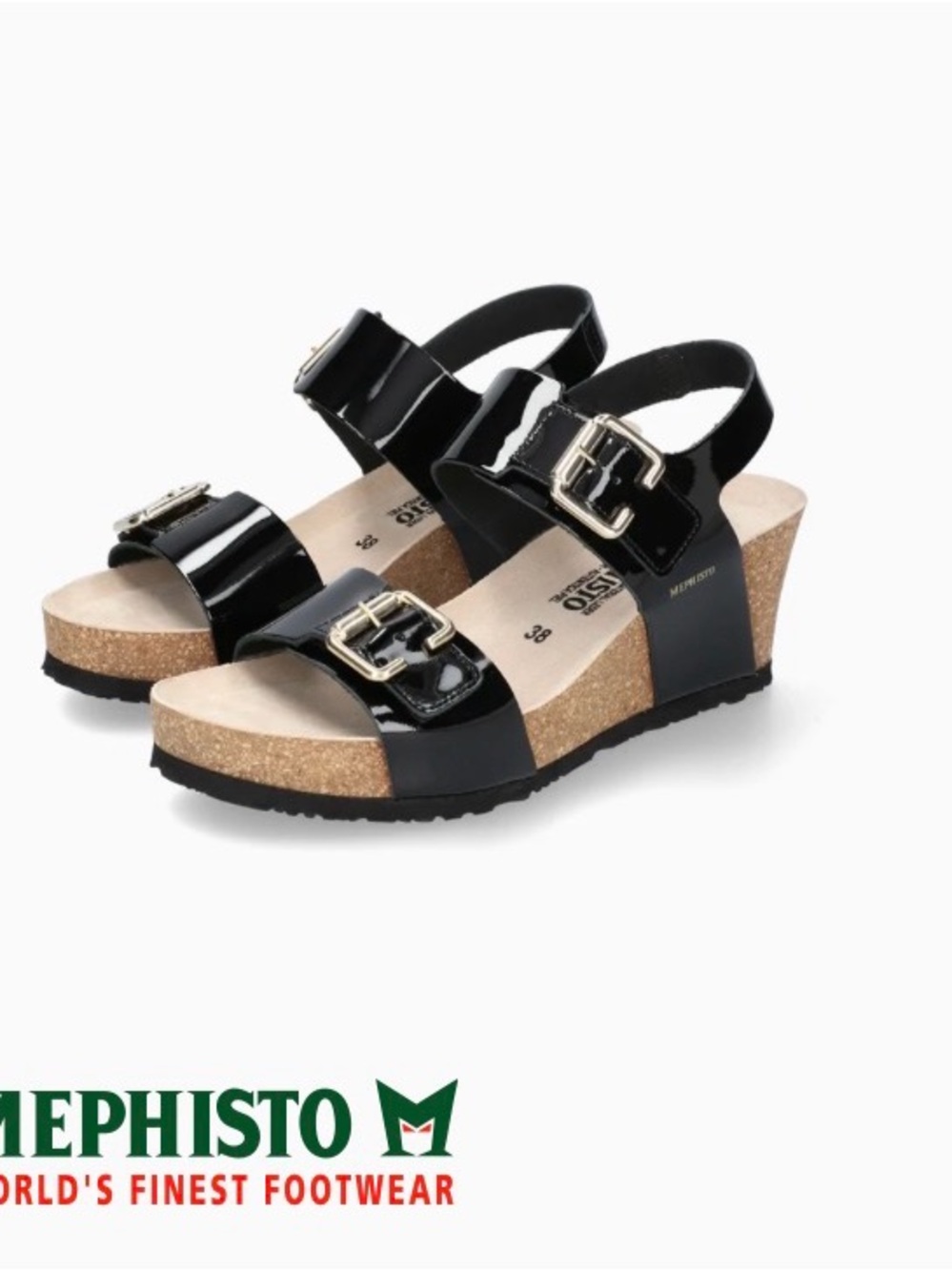 Mephisto Black Patent Cork Wedge Sandals Size 40